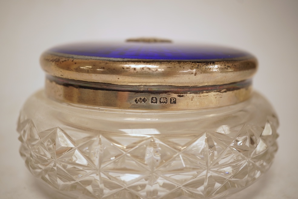A George VI silver and enamel lidded circular glass powder bowl, John William Barrett, Birmingham, 1939, diameter 12.2cm.